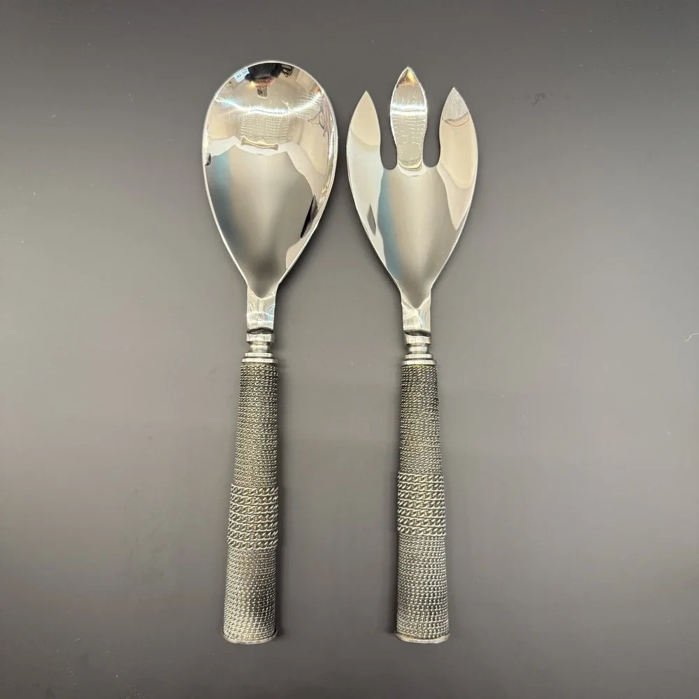 Vtg Silver Salad Servers Woven Wire Mesh Handles Y2K Postmodern Godinger Style
